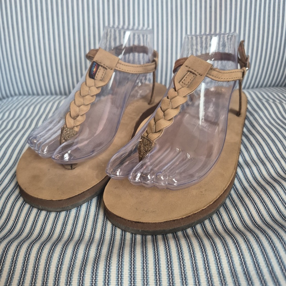 Rainbow Braided Sandals Size M 6.5-7.5 Tan Leather Thong Ankle Strap Buckle